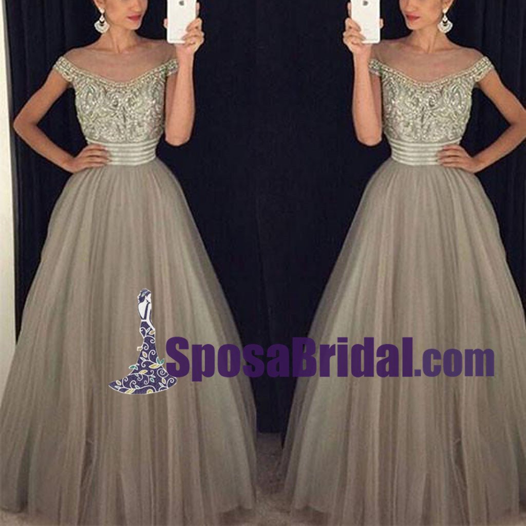 Off Shoulder Unique Floor-length Gray Tulle A-Line Real Made Long Prom Dresses, modest evening dresses,PD0763