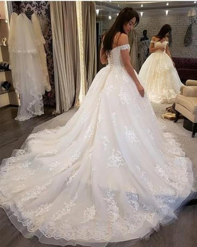 Luxury A-line Lace Off the Shoulder Vintage Long Wedding Dresses, WD0611