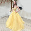 Yellow Spaghetti Straps V-neck Lace Top A-line Long Prom Dress, PD3424